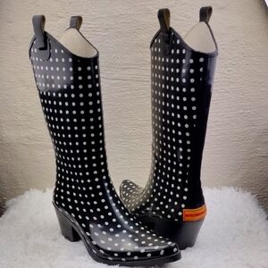 Bit & Bridle Black White Polka Dot Pointed Toe Heeled Western Style Rain Boot